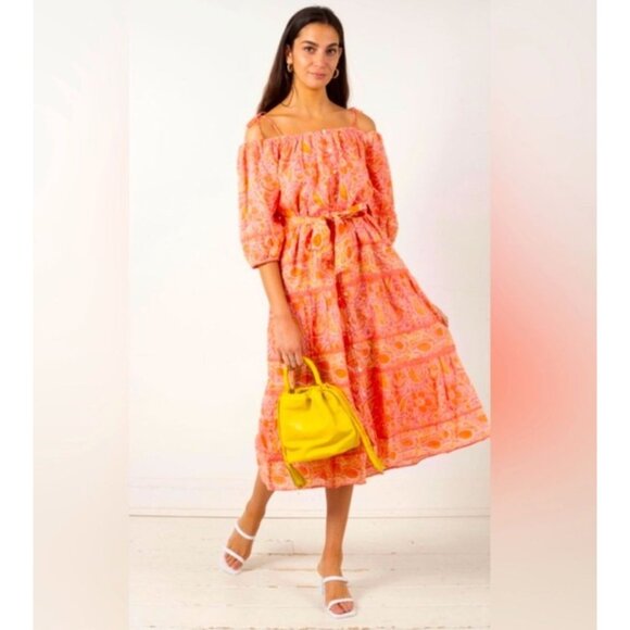 Cleobella Violet Midi Dress Blossom Floral Block Print Orange Peach Pink Medium - Picture 4 of 11